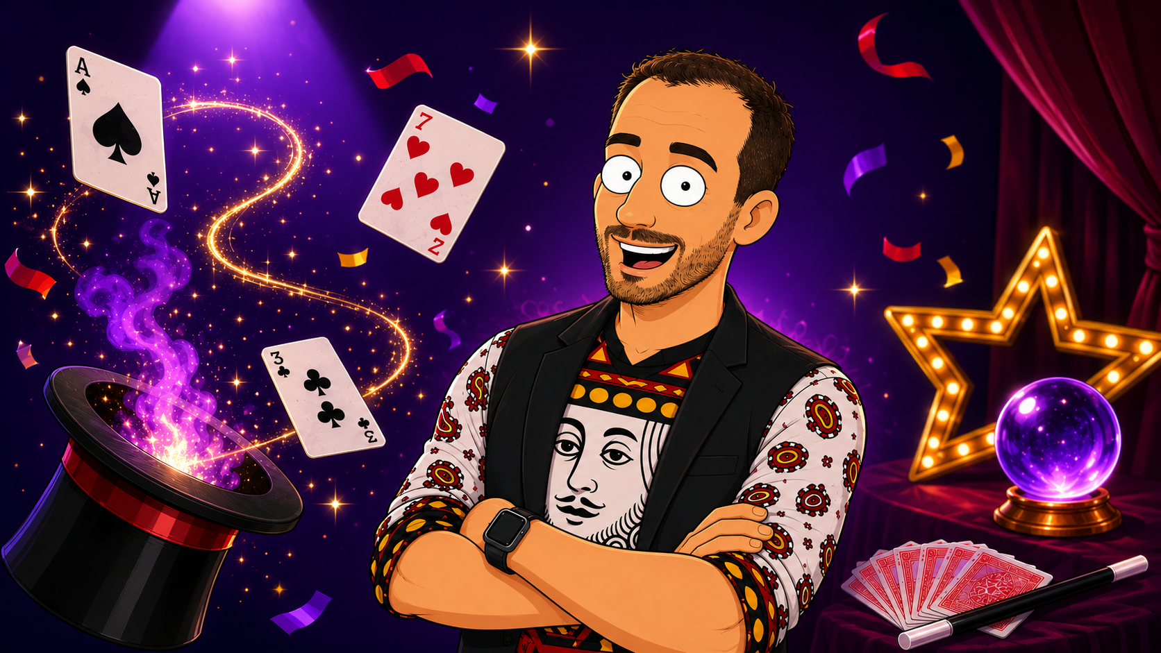 Ilustración de MagoZamo con estilo cartoon y elementos de magia